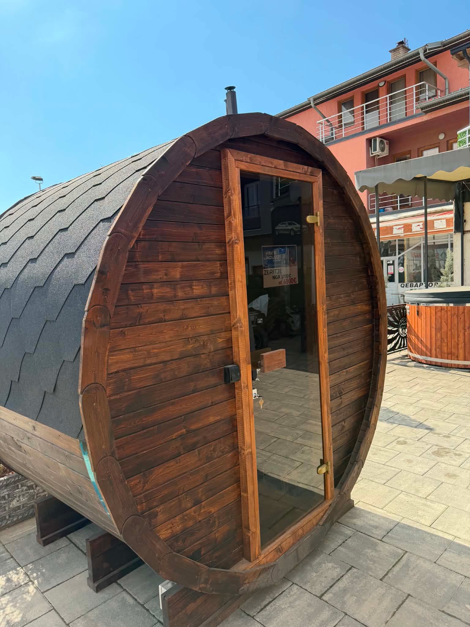 Kim's Jacuzzi barrel sauna on display with open glass door